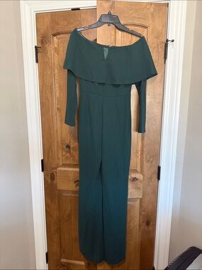 Off-Shoulder Dark Green Long-Sleeve Jumpsuit